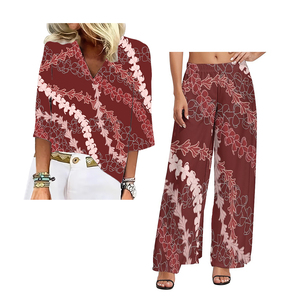 Factory <span class=keywords><strong>Outlet</strong></span> Polynesian Samoan Tribal Style Elei Printing Camiseta de manga de 7 puntos con cuello en V para <span class=keywords><strong>mujer</strong></span> y pantalones de pierna ancha de gran tamaño - Product Image 4