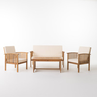 [Gudang AS] Set Furnitur Luar Ruangan Kayu Alami 4 Buah Dengan Bantal Tahan Air untuk Halaman Pengiriman Cepat Dari AS MOQ 1