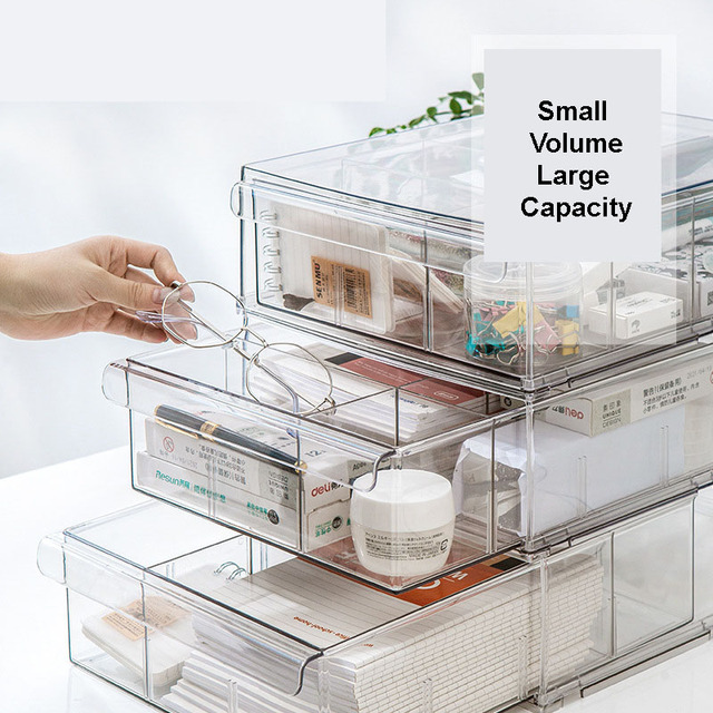 Drawer-style Desktop Storage Box: Transparent Square, with File Compartments, Multilayer, Lidded and Stackable