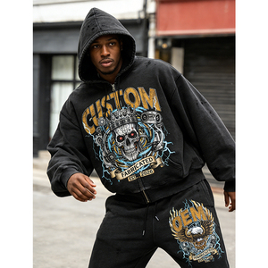 Digital Printing OEM Custom Print Vintage Distressed 400 GSM Heavyweight Oversized Zipper-up Boxy Men's Hoodie Two-piece Set - Product Image 3