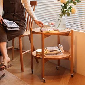 Nordic Solid Wood Coffee <b>Table</b> Cherry Wood <b>Round</b> Double Layer Movable Wheeled <b>Side</b> <b>Table</b> For Living Room - Product Image 4