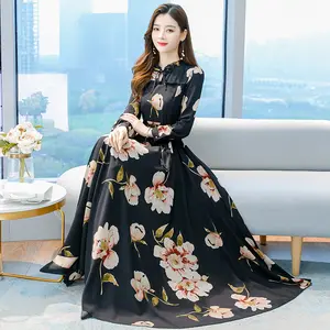 2024 Woman Abaya Elegant long Islamic Clothing Printing Chiffon dresses Muslim women dress factory price shenzhen lily cheng