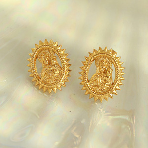 Golden <b>Stud</b> Earrings Star Shape <b>Titanium</b> Steel 18k Plated Retro Style Circular Lines Design - Product Image 1