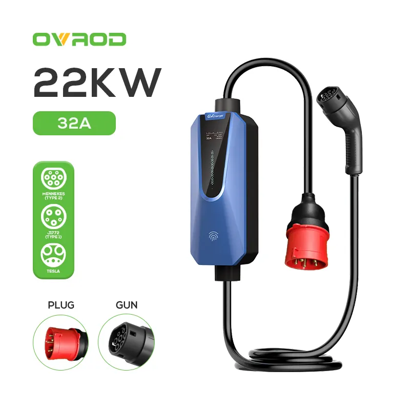 Carregador portátil para carro Ovrod AC Ev Tipo 2 22KW Wifi 3 Fase Carregador Ev 32A Ev Estação de Carregamento de Carro Estação de Carregamento Elétrico Rápido