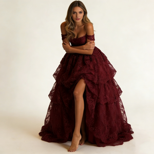 Robes de soirée élégantes pour femmes, en dentelle bordeaux, épaules <span class=keywords><strong>d</strong></span>énudées, jupe à volants à plusieurs niveaux, fente haute, maxi, pour gala, mariage - Product Image 4