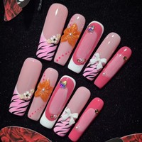 TK Faux Ongles Longs Carrés Faits Main à Presser, Motifs Floraux 3D Colorés, Tendance Printemps 2026, Vente Chaude