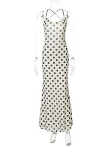 Summer New Retro Polka Dot Sleeveless Sexy & Elegant Midi Dress Digital Printing Plain Dyed Natural Waist Eco-Friendly for Women - Product Image 3