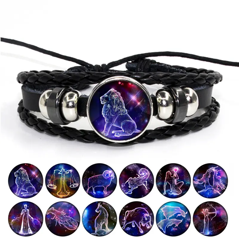 Factory's direct sale vintage leather rope weaving combination time gem 12 zodiac sign bracelets