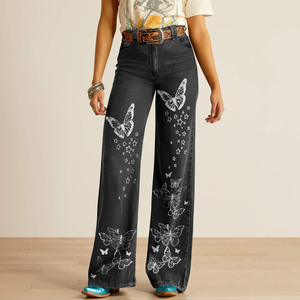 Jean large pour femme, bleu clair, imprimé papillon, en denim de coton non extensible, taille haute, style western 3657 - Product Image 4