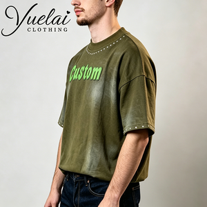 Camiseta Personalizada para Hombre, Estilo Vintage, Lavada al Ácido, con Tachuelas y Logotipo Serigrafiado, Moda Urbana, Talla Grande, Informal, Color Verde - Product Image 2