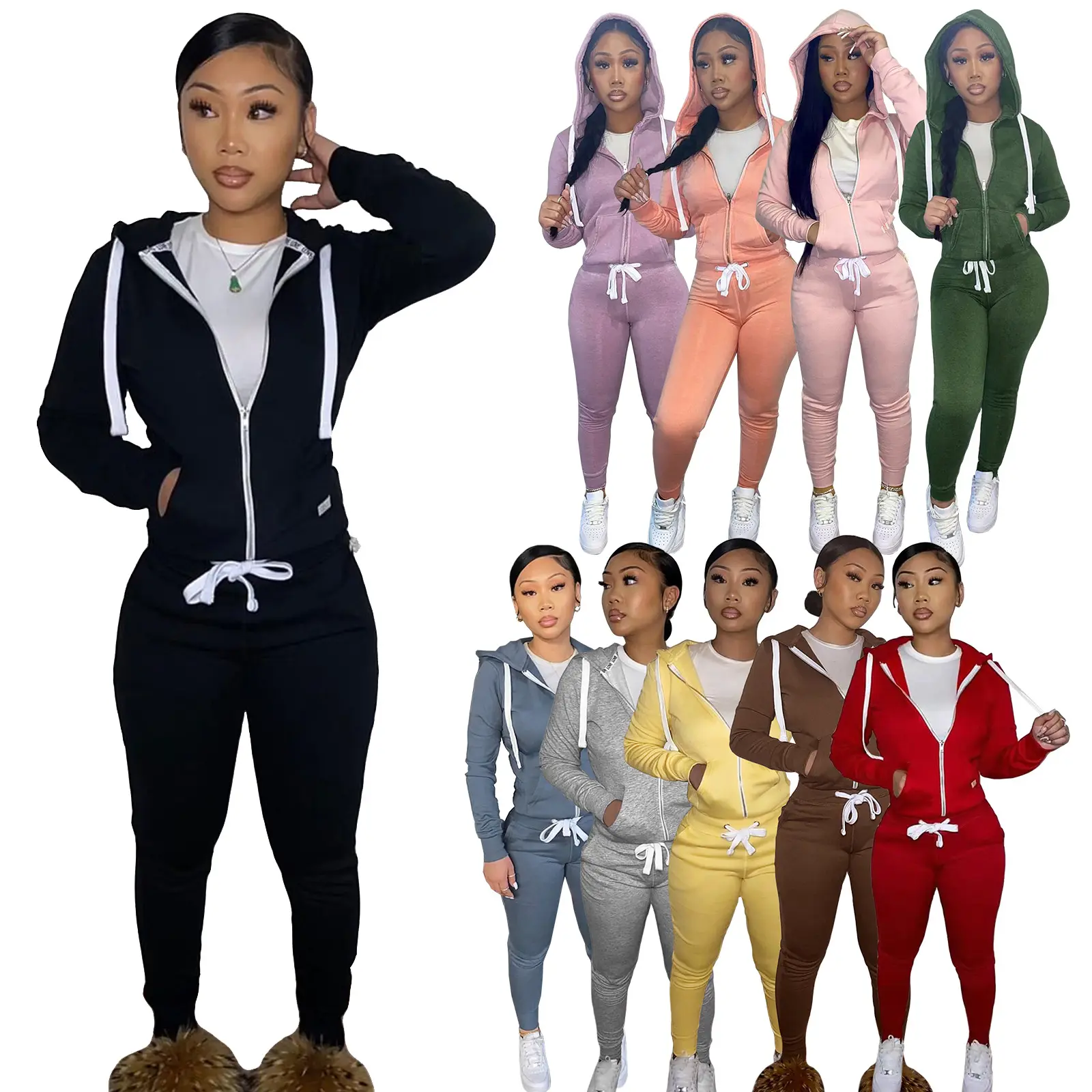 Grosir Pakaian Penjual Wanita Dua Potong Set Pakaian Hoodies Tebal Bulu Kustom Lengan Panjang Baju Olahraga Joggers Suit