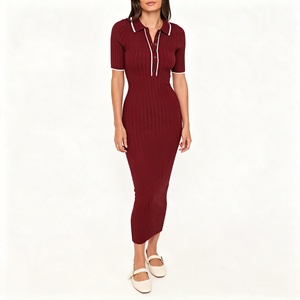 Abito Lungo Elegante da Donna <span class=keywords><strong>in</strong></span> <span class=keywords><strong>Maglia</strong></span> <span class=keywords><strong>Bordeaux</strong></span> a Maniche Corte, <span class=keywords><strong>Vestito</strong></span> Aderente e Sottile alla Moda - Product Image 1