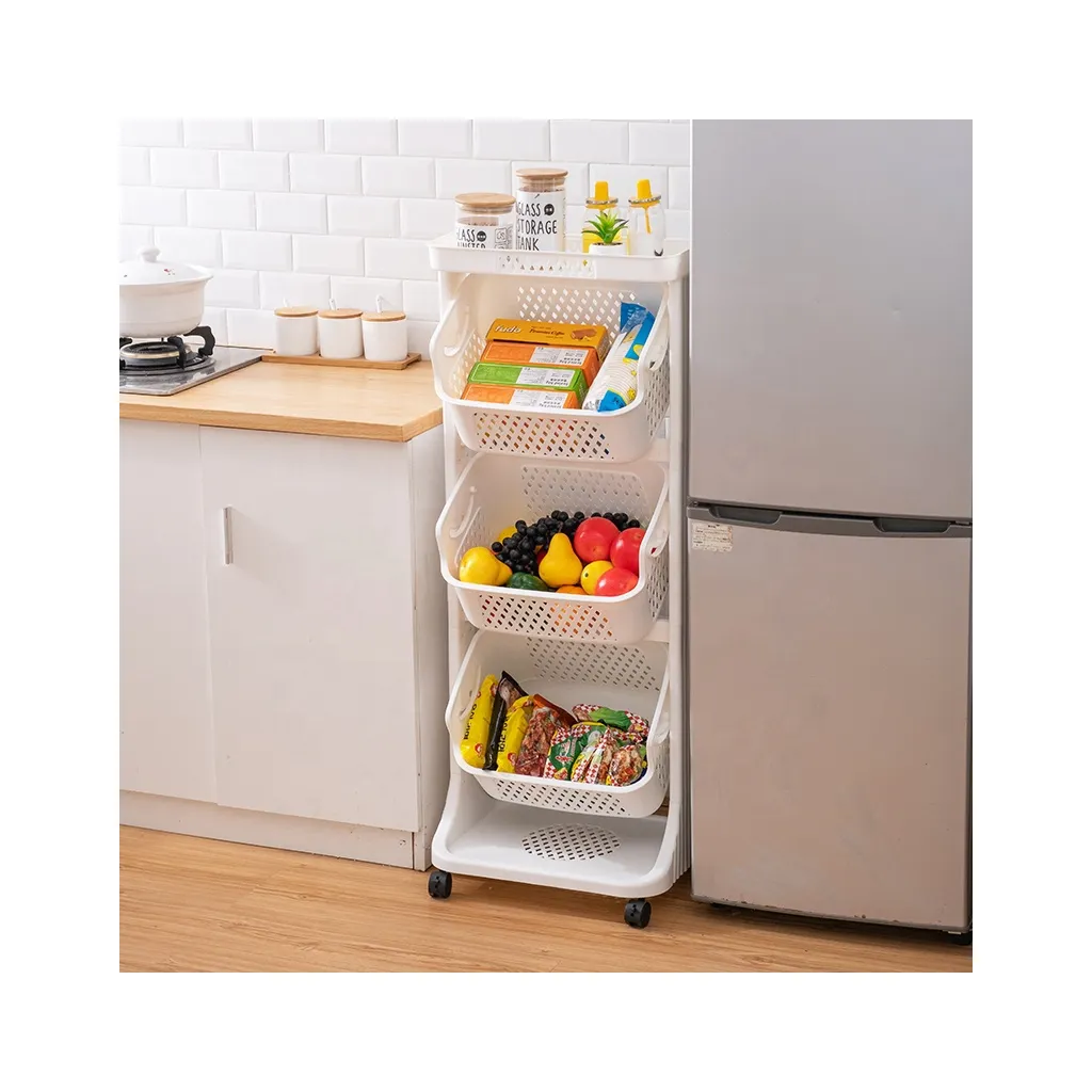 3-Tiers Kitchen Gap Storage Cart Kitchen stand shelves Basket Rolling Hamper Shelf Plastic Fruit Vegetable Storage Basket