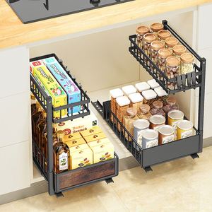 Étagère de rangement sous évier de salle de bain à 2 niveaux en acier métallique, 2 paniers coulissants et de rangement à 2 niveaux - Product Image 3