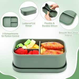 Boîte à lunch bento en silicone carrée grande capacité à 3 compartiments sans BPA, compatible micro-ondes, pour enfants - Product Image 3