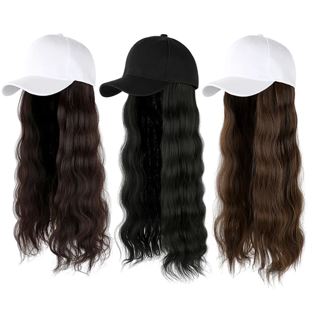 Cheap factory custom european fashion girls 22 Inches long curly water wave wine red synthetic hair one-piece baseball Hat Wig