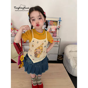 TongXingYuan Girls Summer Two Piece Set Yellow Cartoon Star Print Cotton T Shirt With Denim Skirt For Kids - Product Image 3