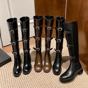 Wholesale Glossy Black Women's Knee Boots Handmade Cowhide Fleece Lining 3cm Square Heel Zip Buckle Front Boots for Winter - Product Image 1