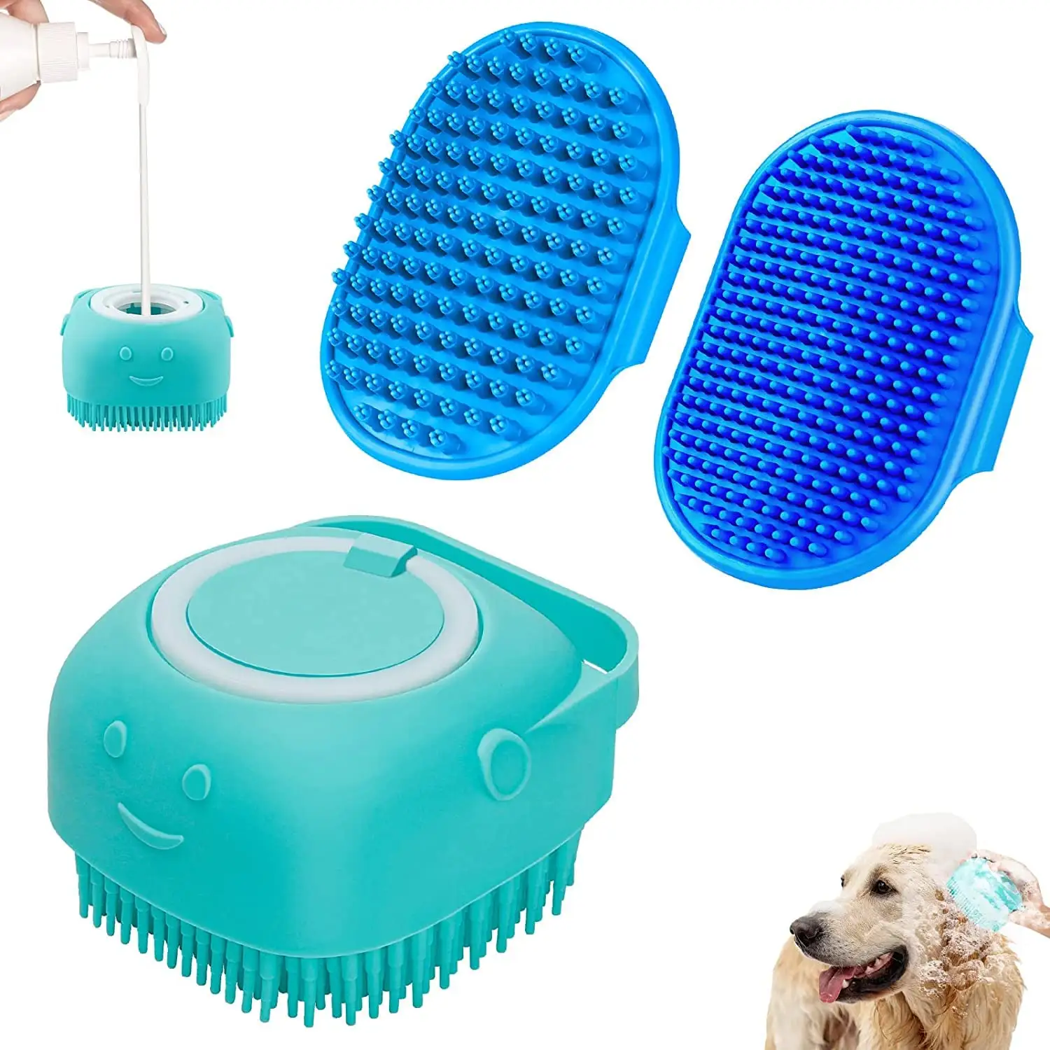 Escova de banho para animais de estimação, 3 peças, shampoo, purificador para cães, escova de banho antiderrapante de silicone gel, massageador e banho, ideal para banho