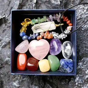 Hot Selling Spiritual Meditation Crystal Heart Healing Crystal 7 Chakra Tumbling Stone Box Set