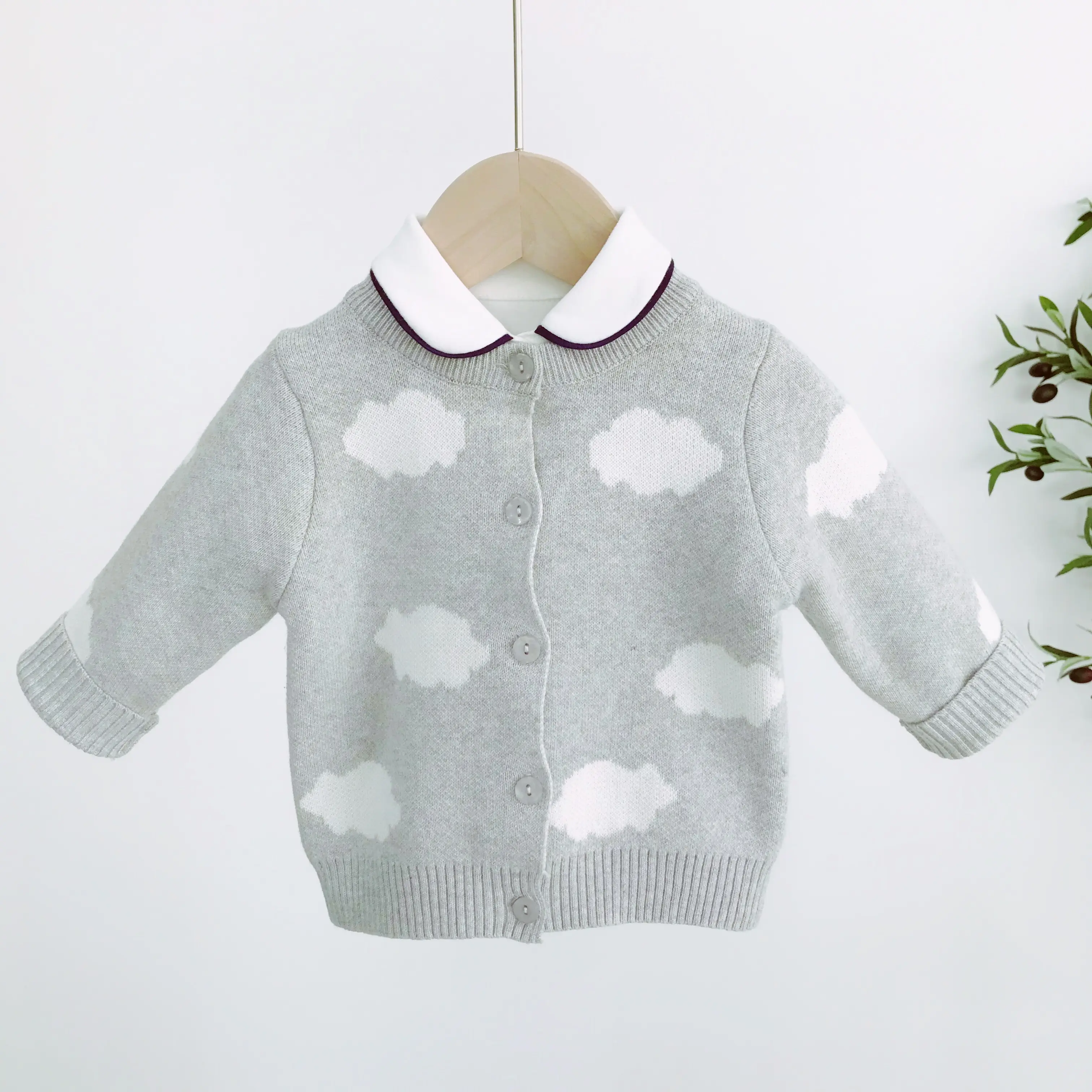 High quality baby boy grey knitted sweater 100% cotton baby cardigan