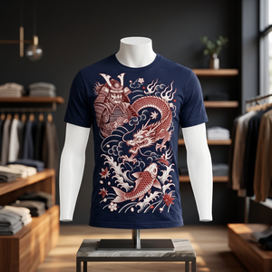 Kaos Pria Lengan Pendek Biru Dongker Kerah O Gaya Jepang dengan Cetakan Naga Ikan Koi 100% Poliester Bernapas - Product Image 1