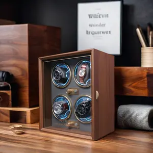 Smart 4-Slot Automatic Walnut Grain Watch Winder MDF Wood Paper Storage Blue Light Control Made Smart Watches Packaging