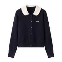 Cardigan en tricot pour femme style preppy avec col Peter Pan, Nouvelle collection automne 2026, Manteau pull bleu marine à simple boutonnage 15a-4043