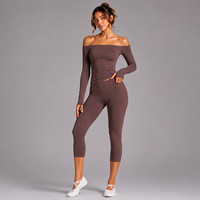 YIYI Conjunto de Yoga de 2 Piezas: Camiseta de Manga Larga sin Espalda con Hombro Descubierto y Leggings Capri de Cintura Alta para Fitness y Gimnasio