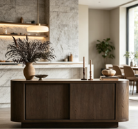 Buffet/Credenza en placage de chêne courbé de style Mid-Century avec portes tambour coulissantes pour salon/salle à manger