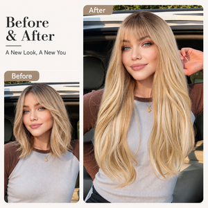 Peluca Larga Ondulada Rubio Miel con Flequillo y Raíz Oscura, Resistente al Calor, <span class=keywords><strong>de</strong></span> <span class=keywords><strong>Cabello</strong></span> Sintético en Capas, Directo <span class=keywords><strong>de</strong></span> Fábrica, <span class=keywords><strong>para</strong></span> Uso Diario y <span class=keywords><strong>de</strong></span> Moda <span class=keywords><strong>para</strong></span> Mujeres - Product Image 2