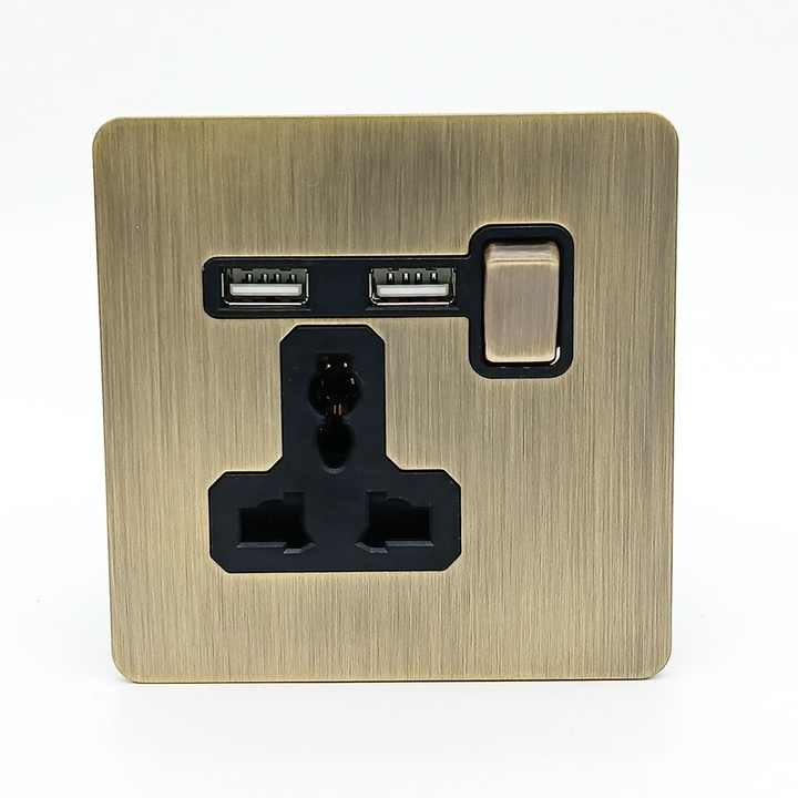 Retro Brass 3-Pin Wall Socket with Double USB, Brushed Stainless Steel ...