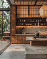 Robinet de cuisine japonais moderne et écologique, artisanat traditionnel, grain de bois naturel, design minimaliste sans poignée