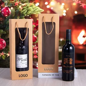 Bolsas de regalo de vino con logotipo personalizado, de lujo, de papel alto, con ventana para botella de vino