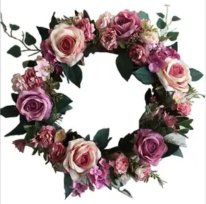 New Style Artificial fabric rose hanging Flower Wreath Faux floral Spring Wreath for Front Door home decoration