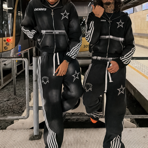 Conjunto de Chándal Personalizado con Lavado Ácido, Estilo Y2K Vintage, Sudadera con Cremallera Oversize, Pantalones Anchos con Rayas para Hombre - Product Image 3