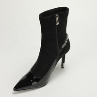 Bottines à talon aiguille en daim noir et cuir verni avec chaîne argentée et strass, fermeture éclair latérale, pour femme, style mature et élégant