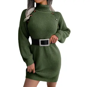 Autumn Winter Casual Button High Collar Long Sleeve Underlay Woolen Dress Sweater Short Wrap Hip Dress Knitting fabric Dress k