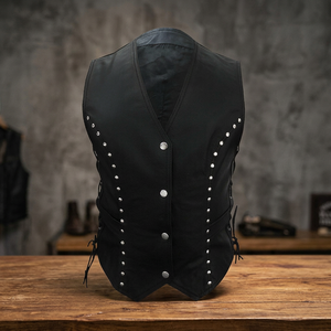 New Arrival Women's <b>Black</b> Canvas Genuine Leather Sleeveless <b>Vest</b> Rhinestone Vintage Washed <b>Knitted</b> Waterproof Windproof - Product Image 3