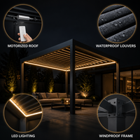 Pergola de luxe en aluminium pour extérieur, toit à lames motorisées, imperméable, revêtement poudré, rétractable, avec éclairage LED intégré, pour jardin et terrasse