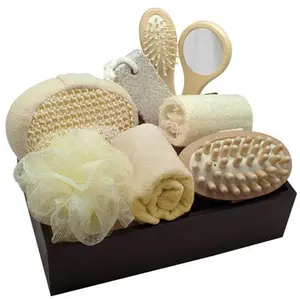 Promotional wood box 9pcs bath accessory set, Sisal sponge /comb Wooden box spa set