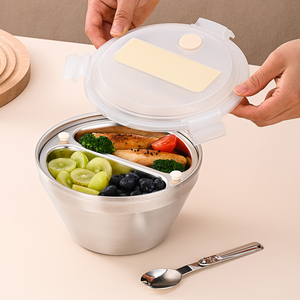 304 stainless steel <b>round</b> double-layer lunch <b>box</b>, with compartments to prevent flavor mixing, includes spoon and chopsticks. - Product Image 3