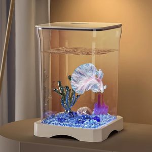 ベタフィッシュタンクデスクトップアクアリウムクリスタルクリア小型魚鉢ライト付きオフィスホームミニタンクアクアスケープスターターキット - Product Image 1
