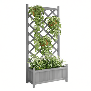 Jardinière en bois gris avec treillis, rectangulaire, élégante, pour extérieur, ornement de jardin, pot de fleurs autoportant - Product Image 1