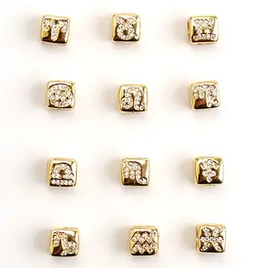 Gold Plating Square Micro Pave Zircon 12 Zodiac Brass Metal Loose Spacer Beads For Diy Jewelry Making