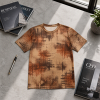 T-shirt pour homme en popeline 3D AOP 100% polyester, marron chaud, motif à points pixelisés, séchage rapide, respirant, col rond, OEM ODM