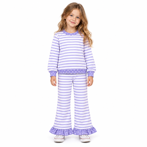 Ensemble de leggings évasés pour filles, en tissu yoga, pull rayé violet et pantalon à volants à pois pour enfants - Product Image 2