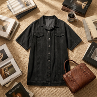 Robe chemise en jean ample et décontractée pour femme, à manches courtes, boutonnée, avec poches à rabat sur la poitrine, style mini-robe en jean, tenue de rue