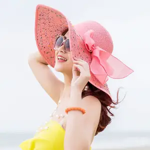 Chapéu de palha grande dobrável, chapéu feminino de palha larga para verão praia ajustável com laço