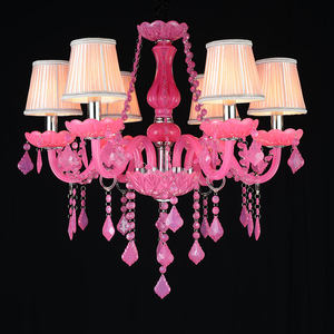 Lustre en cristal rose de style européen, lustre en acrylique rose avec gouttes de cristal et abat-jour en tissu pour l'éclairage de chambre à coucher - Product Image 1